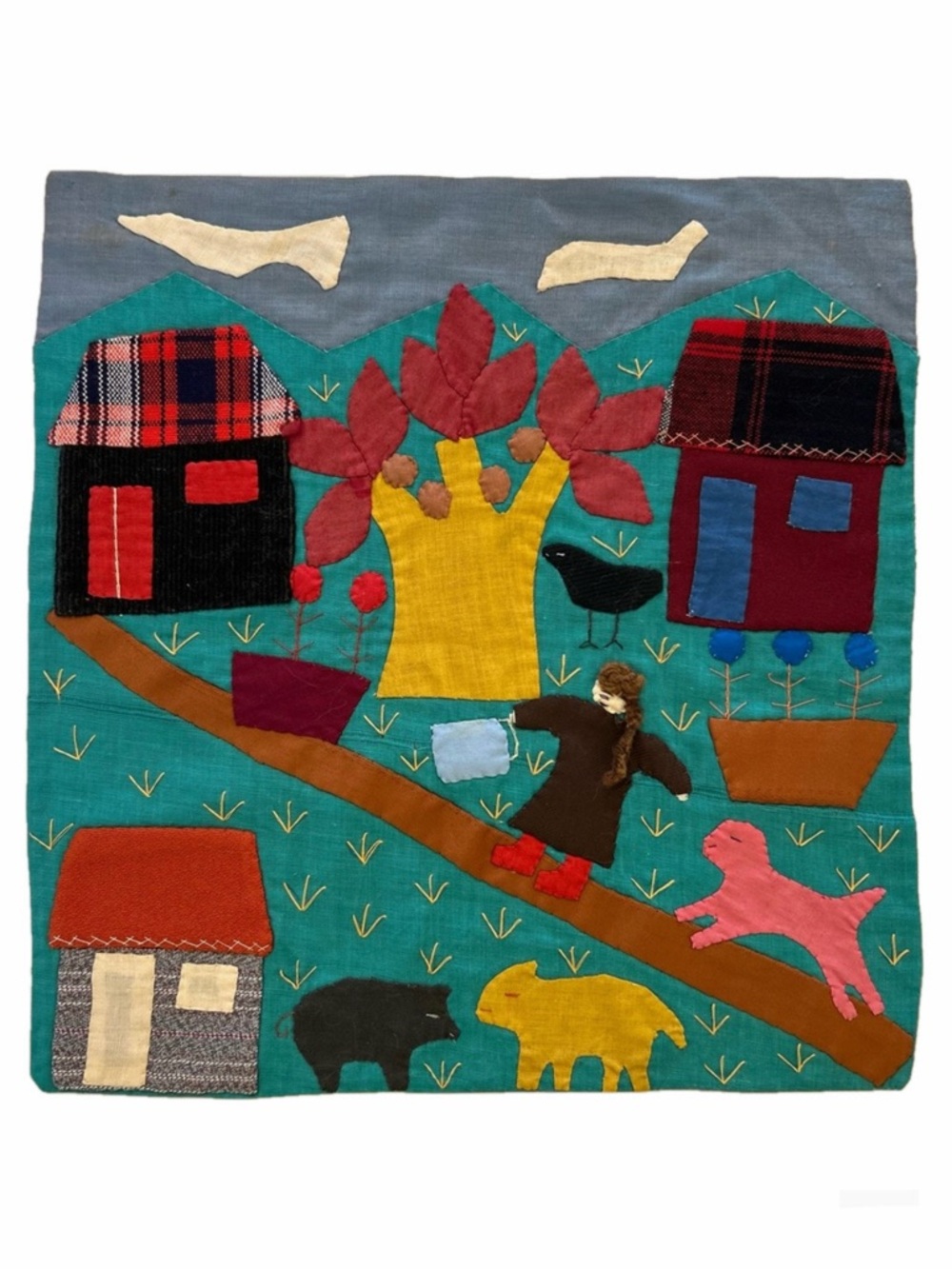 Arpillera Handcrafted Hand Sewn Handmade Embroidered Appliqué Wallhanging Blue